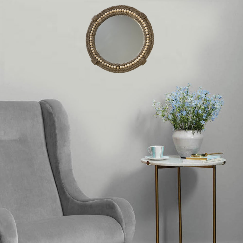 Miroir rond en jute tressée et perles de bois 30 cm - Maisons du Monde