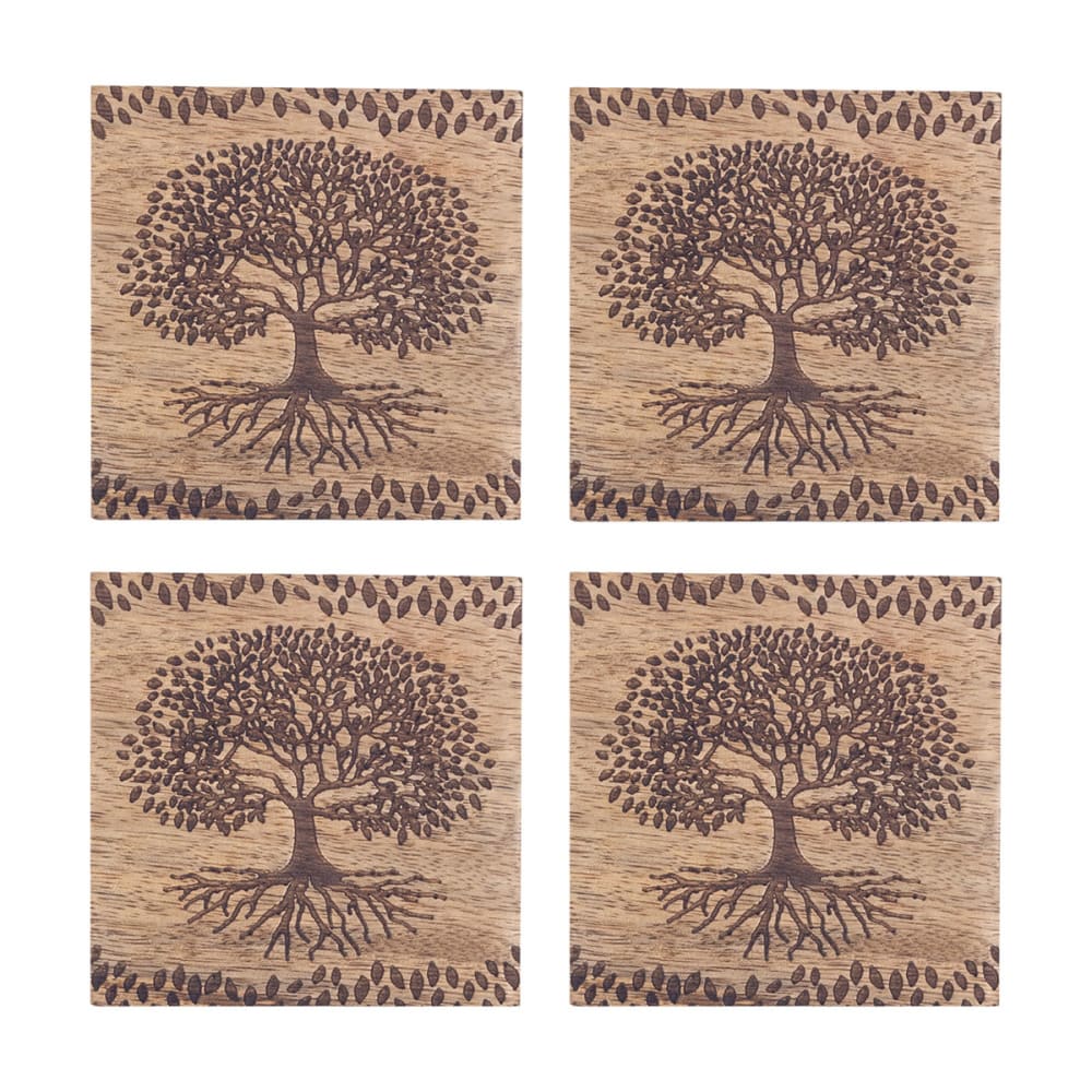 4 sous-verres arbre de vie en bois sculpté 10 cm