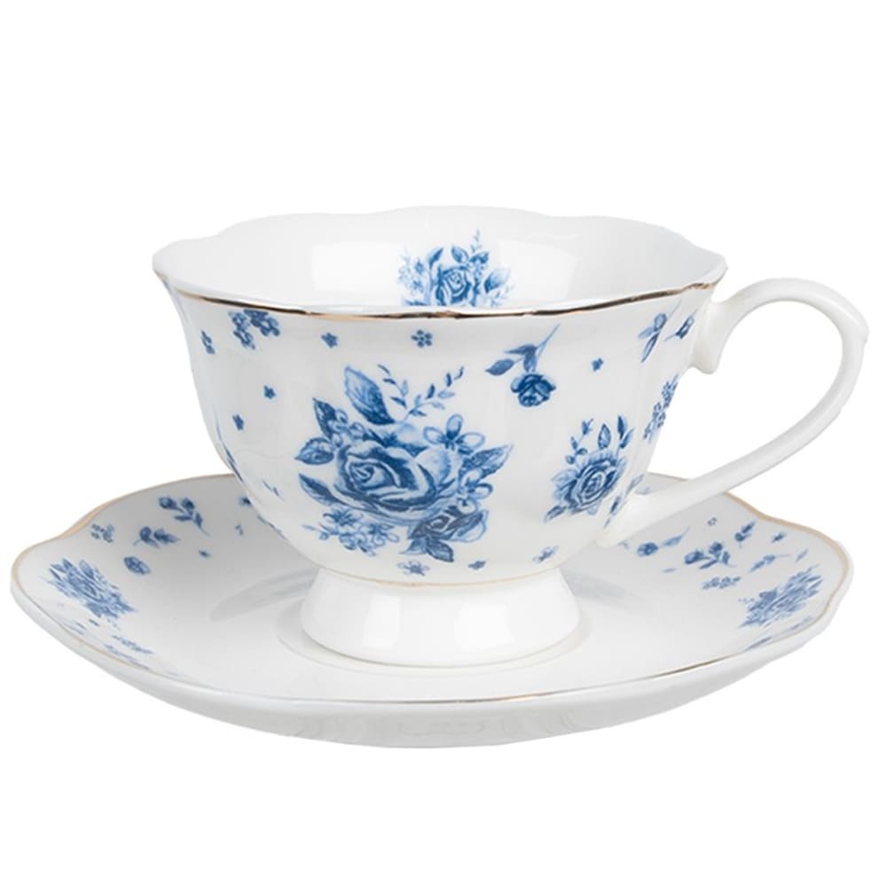 Tasse avec dessous de tasse en porcelaine blanche motif fleuri bleu 20