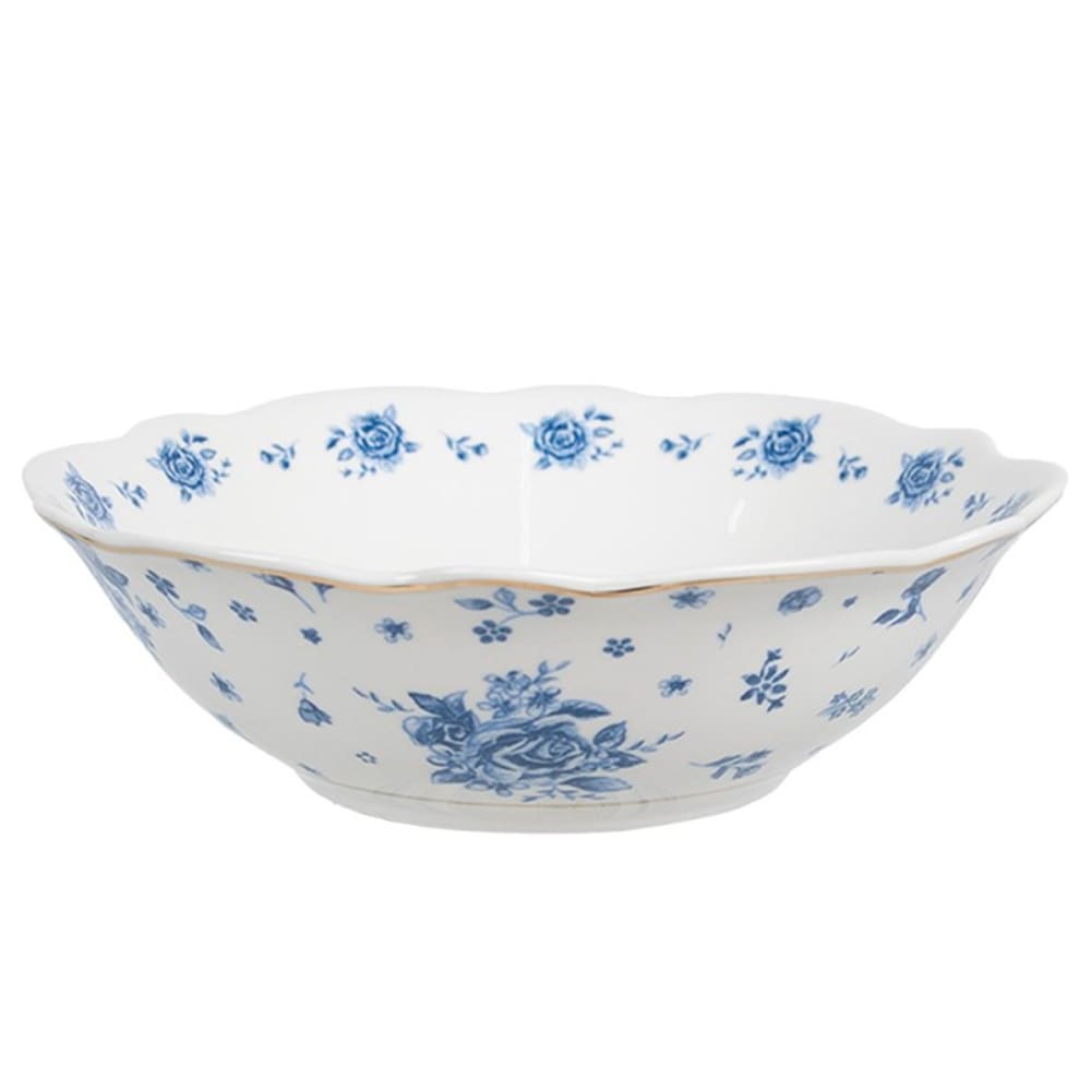 Assiette creuse en porcelaine blanche motif fleuri bleu 15x15x5cm