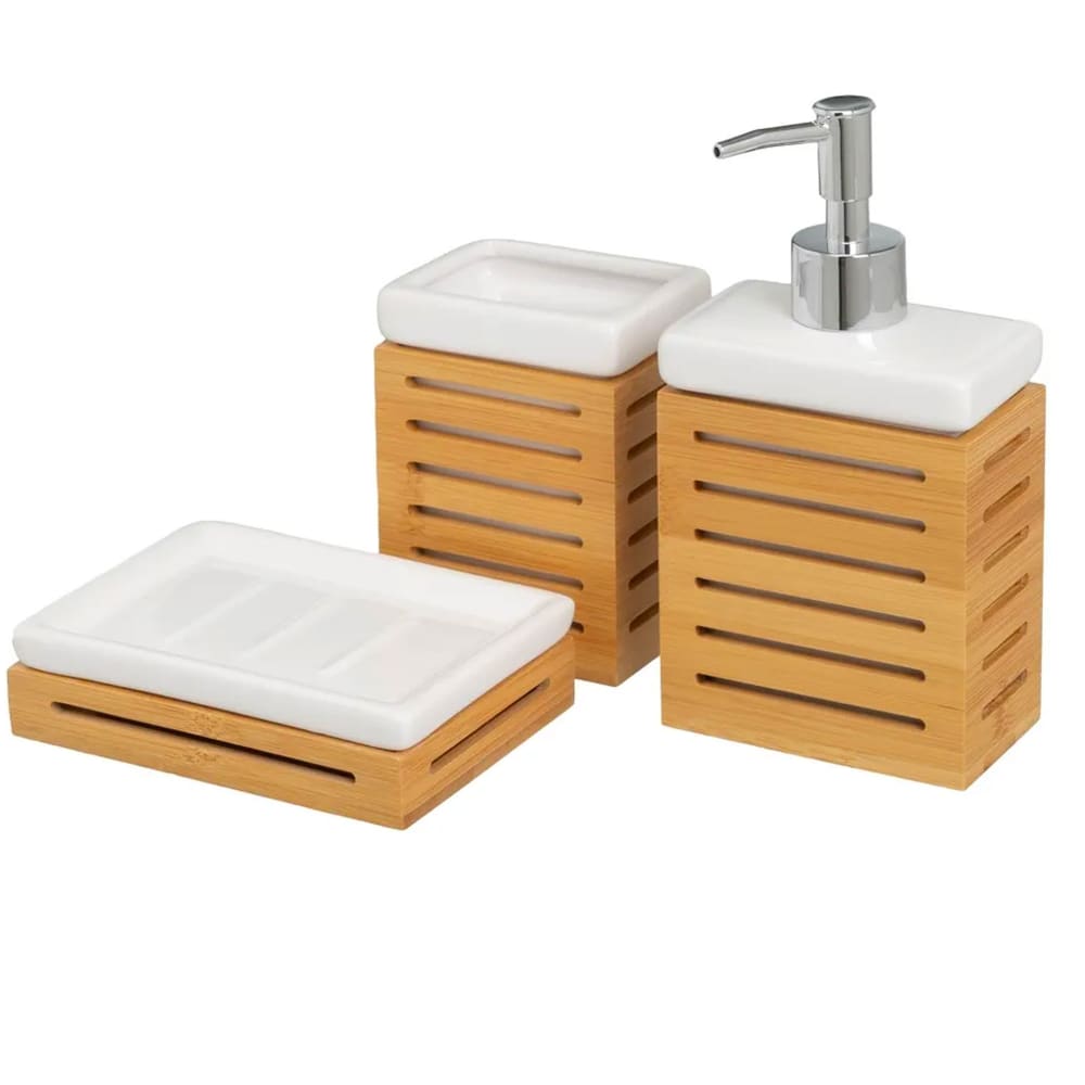 Wadiga Set salle de bain céramique blanche et bambou - 3 pièces Marron