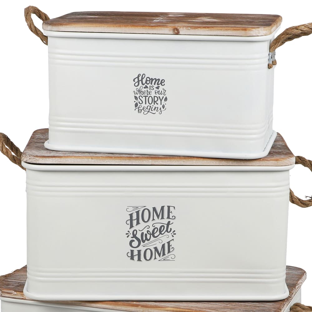 Set de 3 malles en métal blanc et bois 60x38x33cm - Maisons du Monde