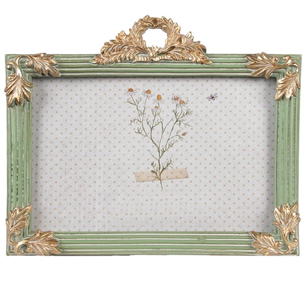 WADIGA Cadre photo mural ou à poser en résine vert et doré pour photo 10x15cm. Dimensions : 17x2x14cm Matière : Résine et verre Couleur : Or et vert