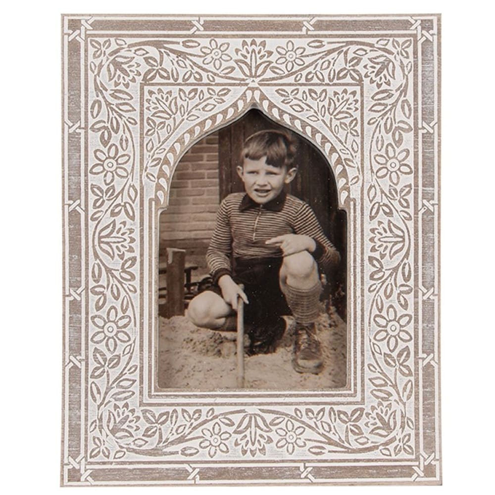 Cadre photo oriental mural ou à poser en bois gris et blanc 10x15cm