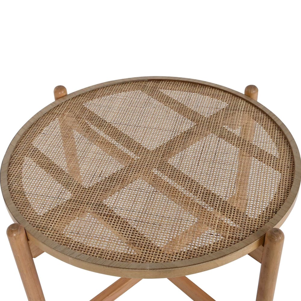 Table basse ronde en bois et cannage rotin 66x66x45cm