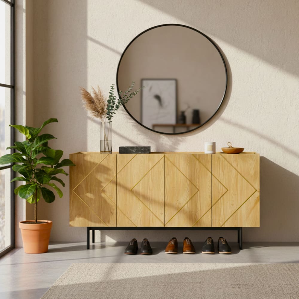 Schuhschrank aus hellem Holz mit goldfarbenen, geometrischen