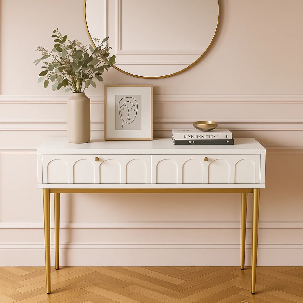 Console blanche et dorée avec tiroirs design élégant