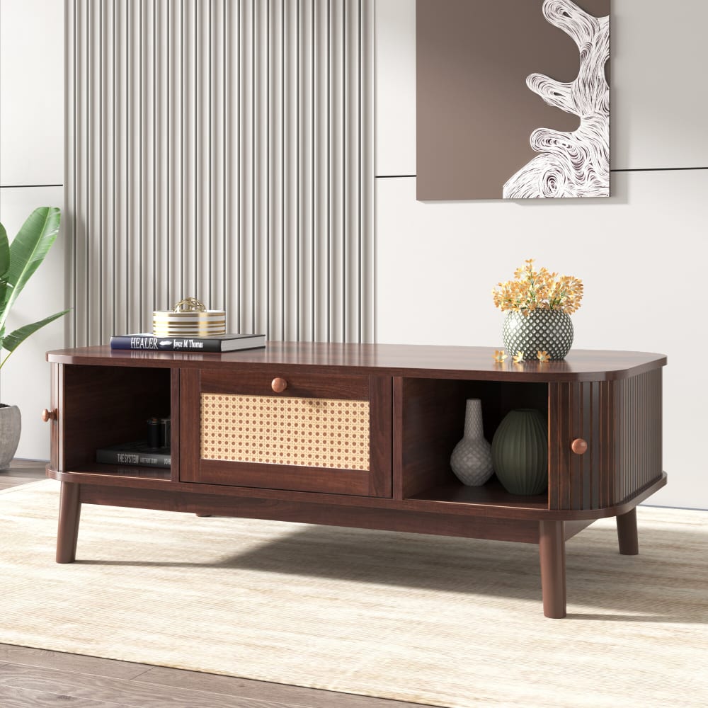 Table basse effet noyer vintage et rotin 1 tiroir et 2 niches - Maisons du Monde