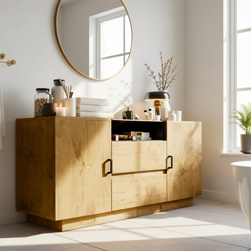 Rustikales Sideboard aus Eiche mit schwarzem Stauraum - Maisons