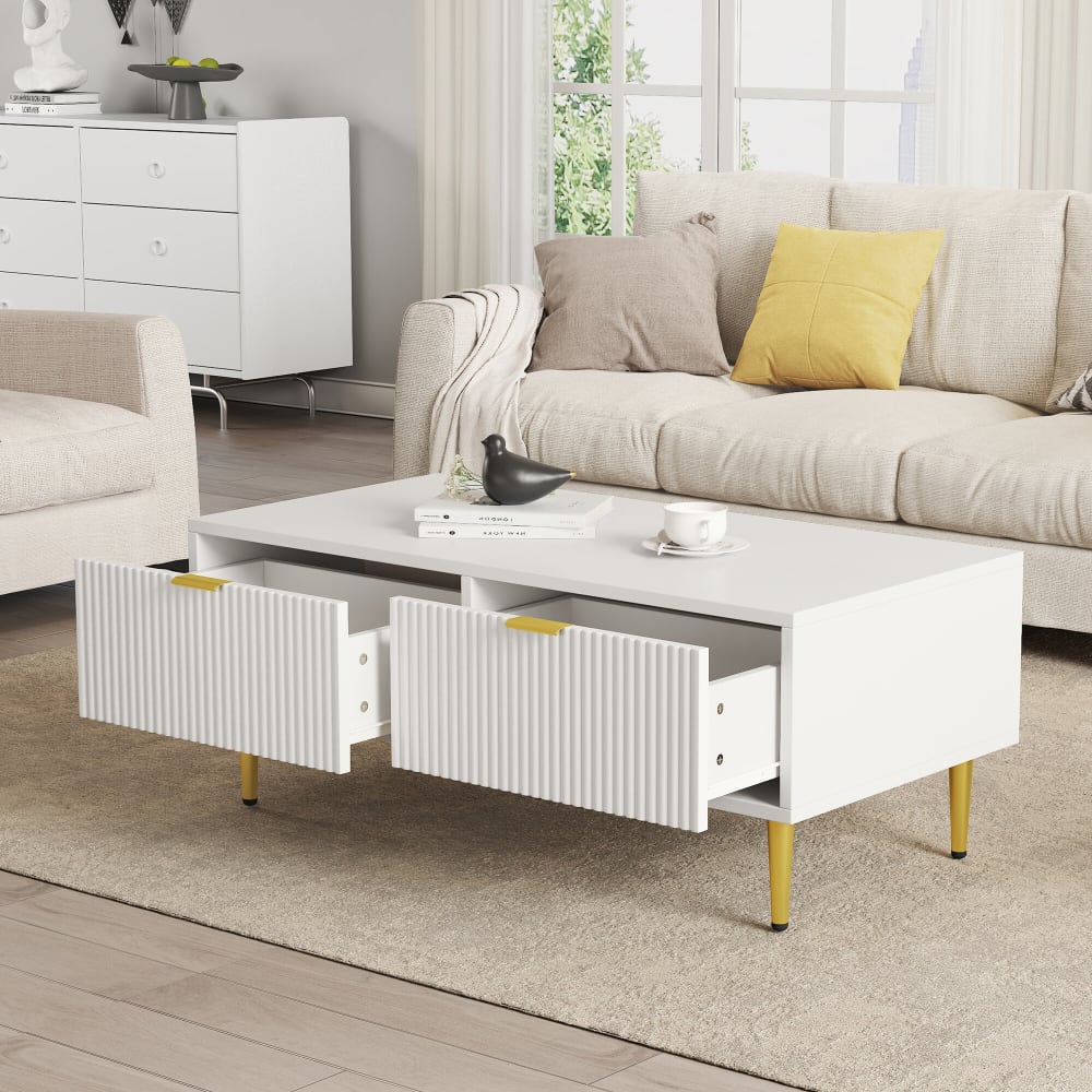 Couchtisch mit goldenen Griffen und Beinen, Weiß - Maisons Du