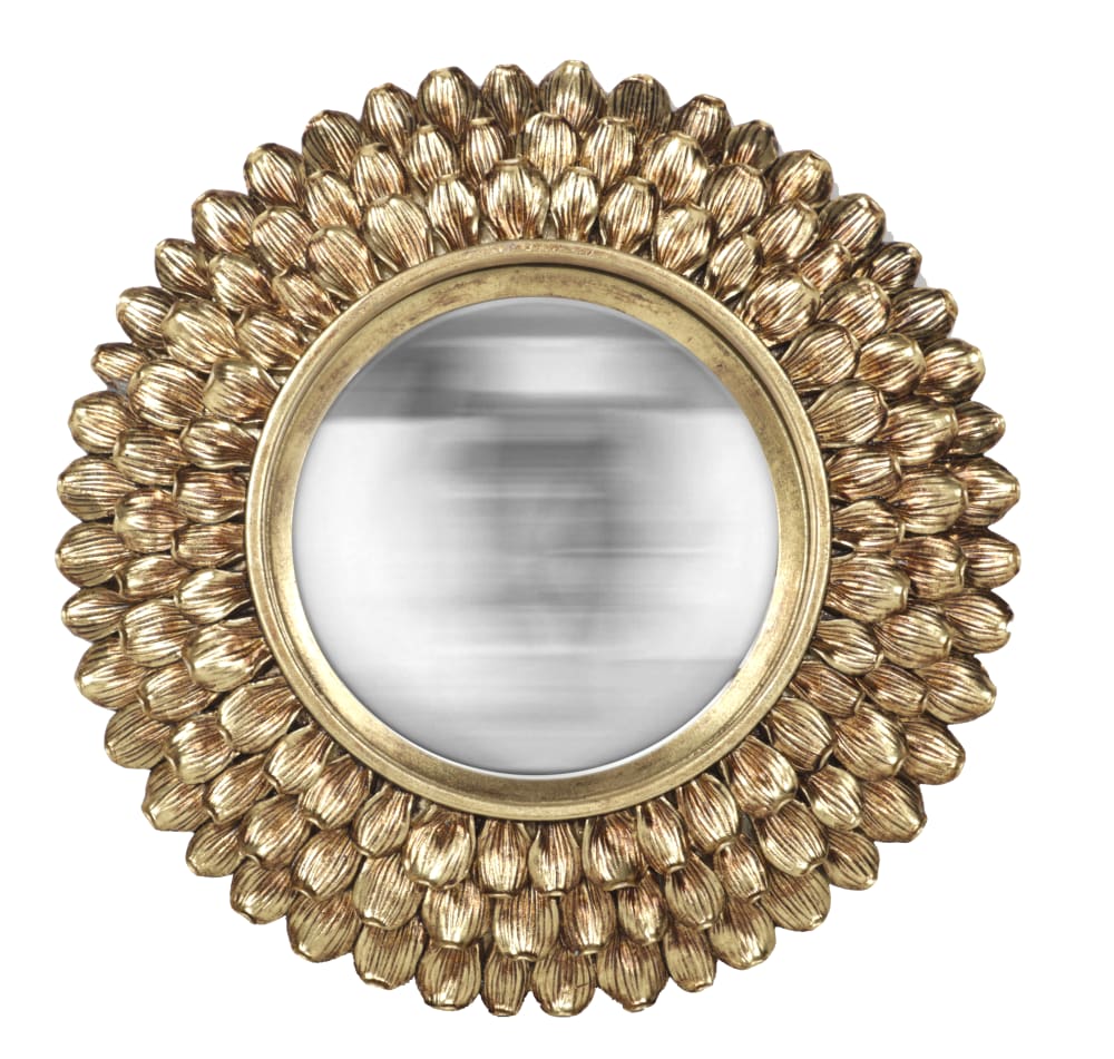 EMDE Miroir rond convexe avec contour pétales de fleurs 24cm dore Doré Résine