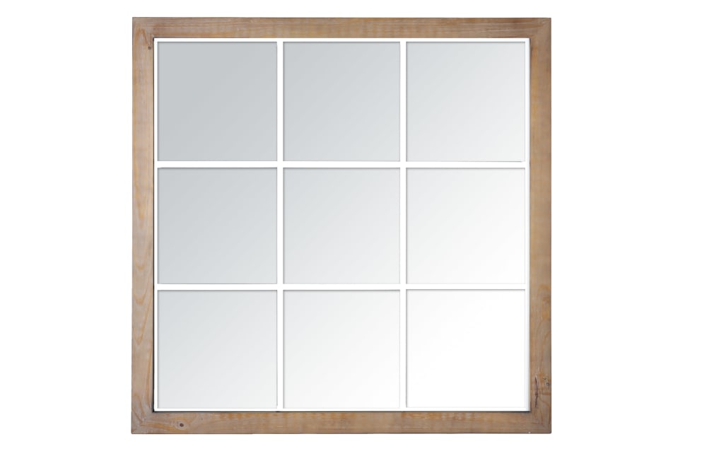 Miroir industriel Bois carré effet fenêtre Blanc 9 vues 100x100cm