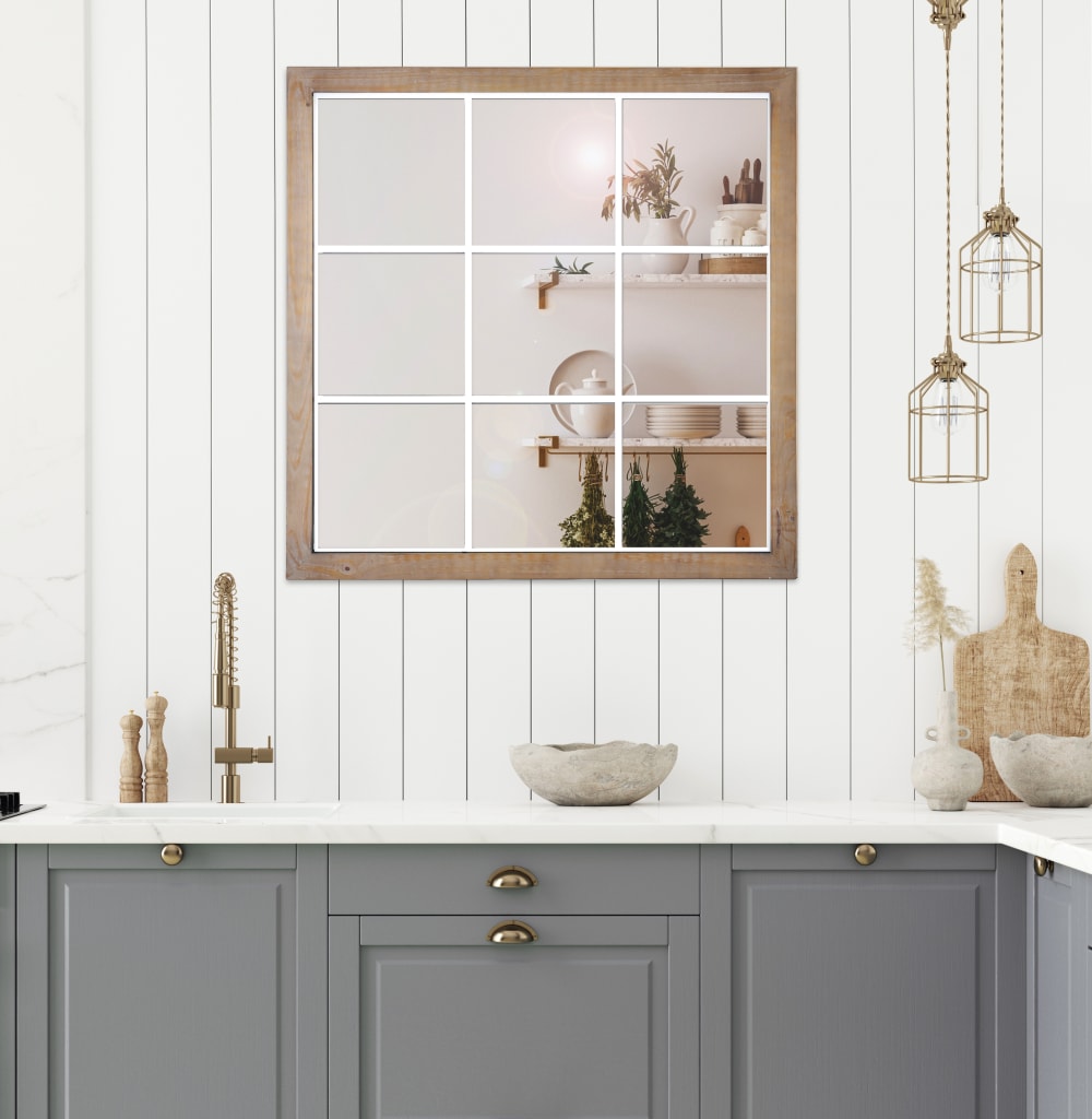 Miroir industriel Bois carré effet fenêtre Blanc 9 vues 100x100cm