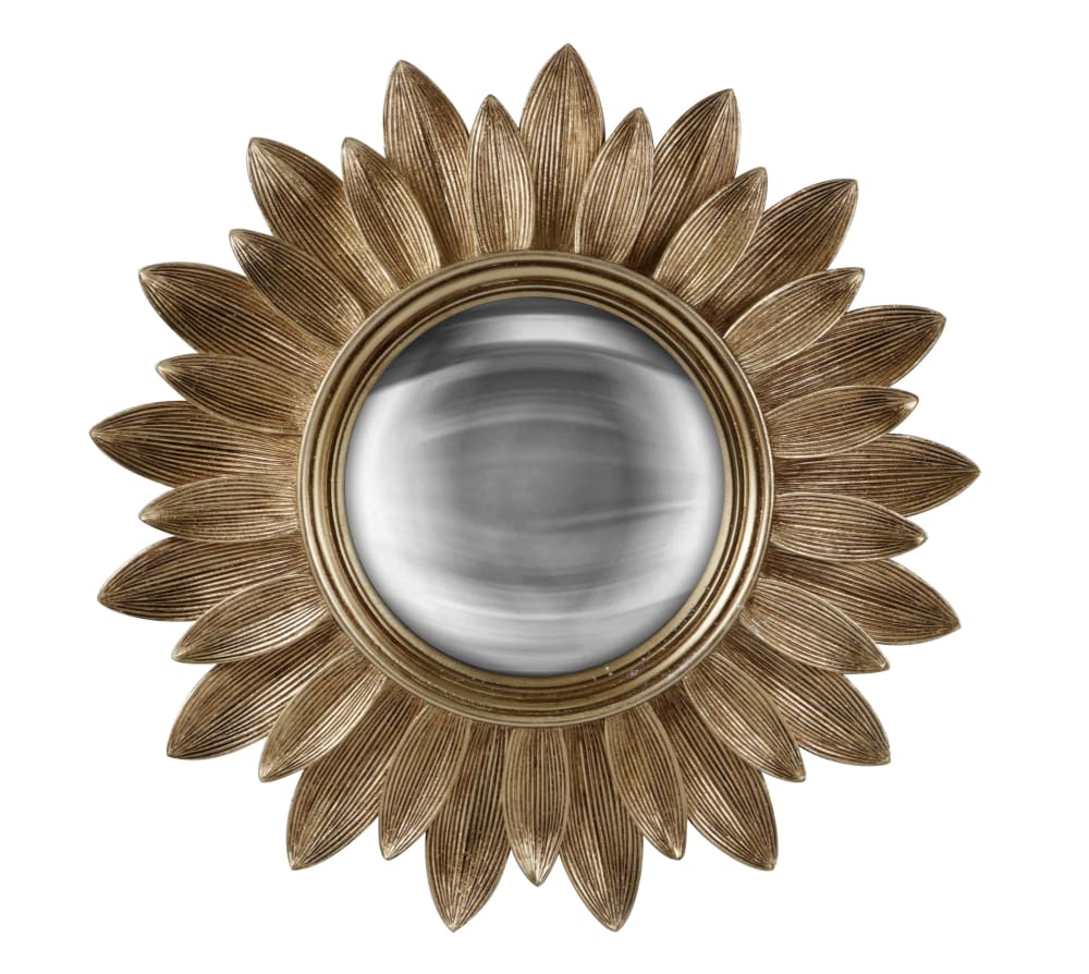 Miroir rond convexe contours feuille 30 cm dore