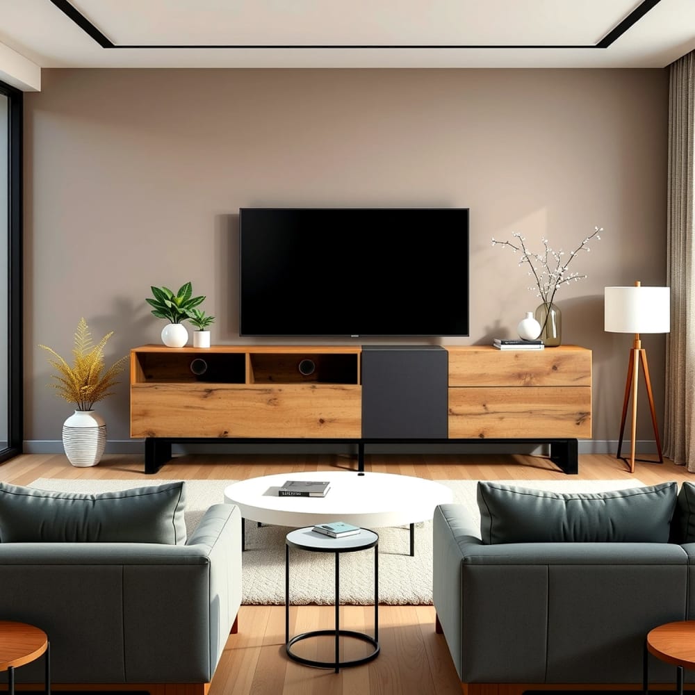 Urban Meuble Moderner Farbblock-TV-Ständer mit Holzmaserung, Grau style industrial Beige Spanplatte