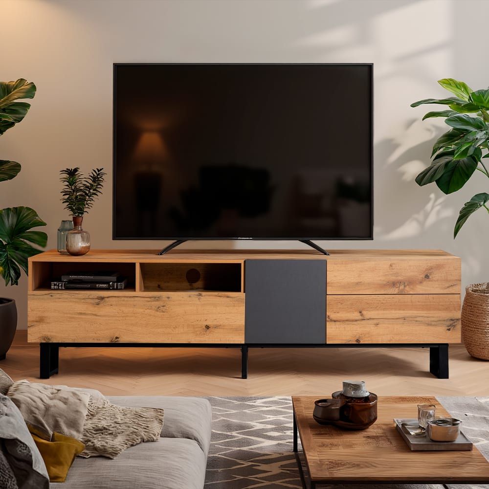 Meuble TV imitation grain de bois et gris 2 tiroirs