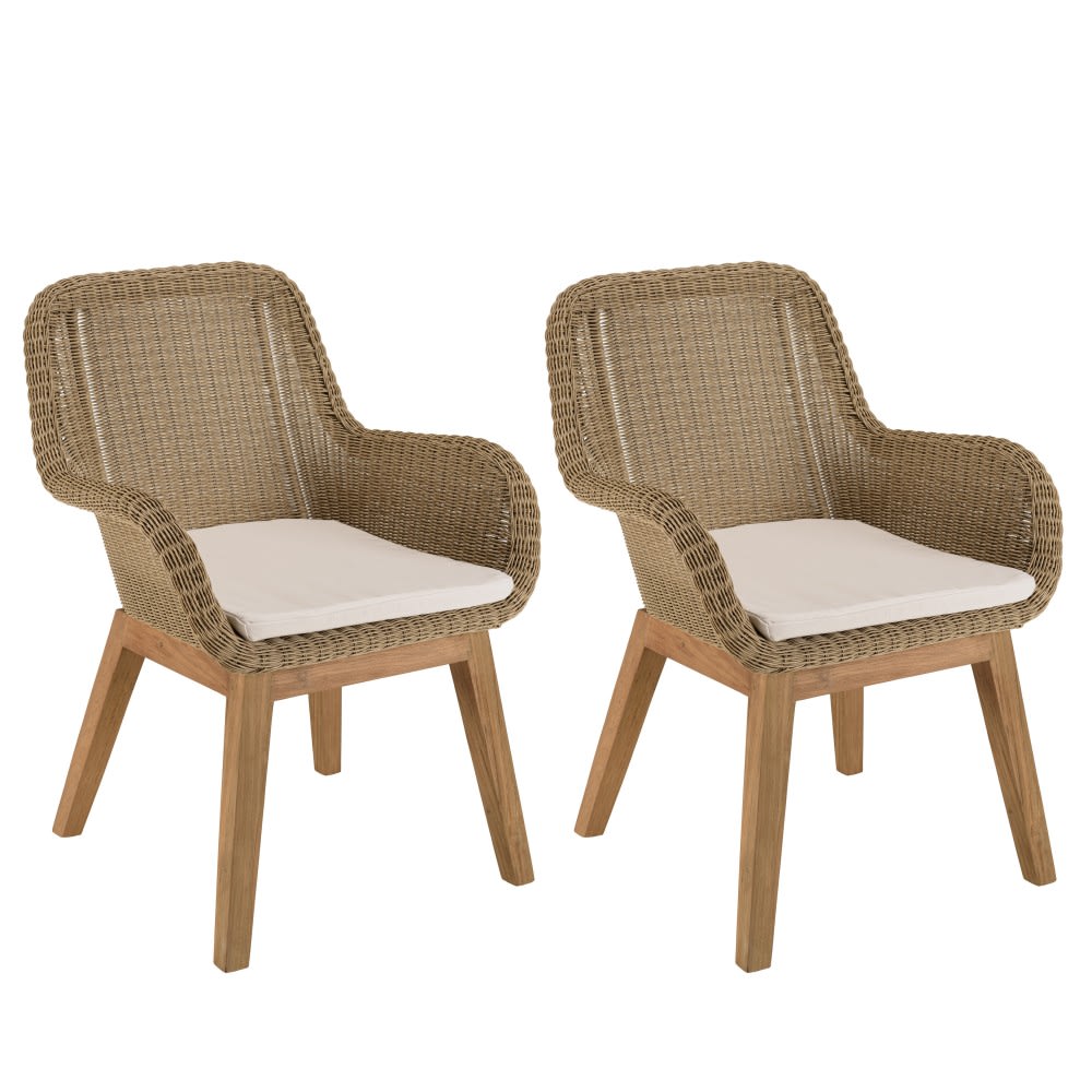 Lot de 2 fauteuils jardin rotin synthétique et coussin, pieds droit