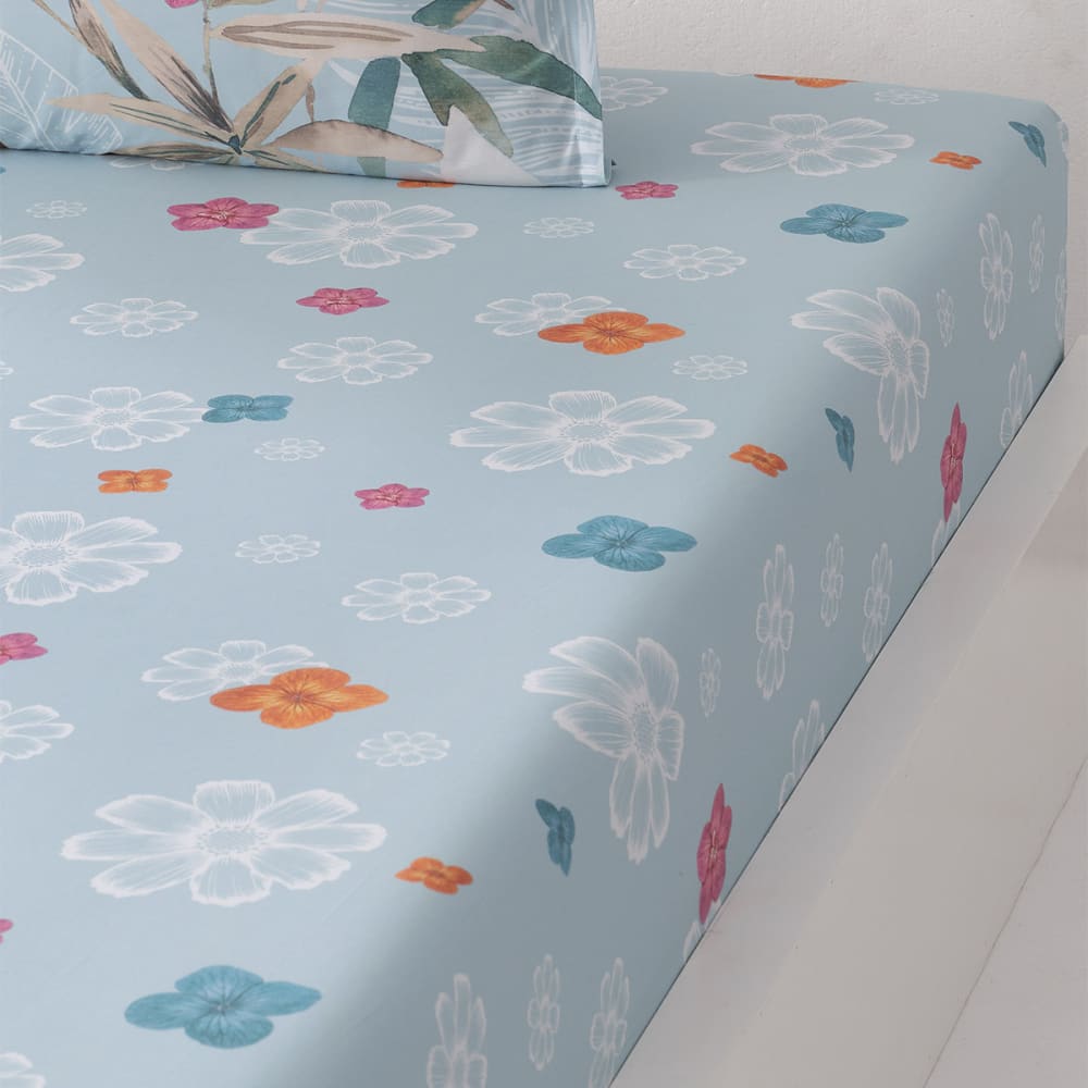 Drap housse en percale de coton bonnet 30 cm  bleu arctic 90x200 cm