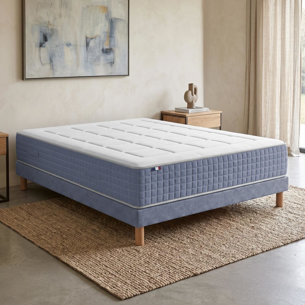 Idliterie Matelas 7 zones king style mémoire de forme & sommier 160x200 Bleu Certifié Oeko-Tex Tissu