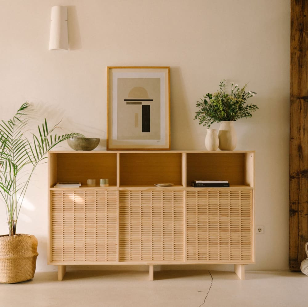 Buffet haut en bois massif naturel 3 portes 180 cm Non verni - Maisons du Monde