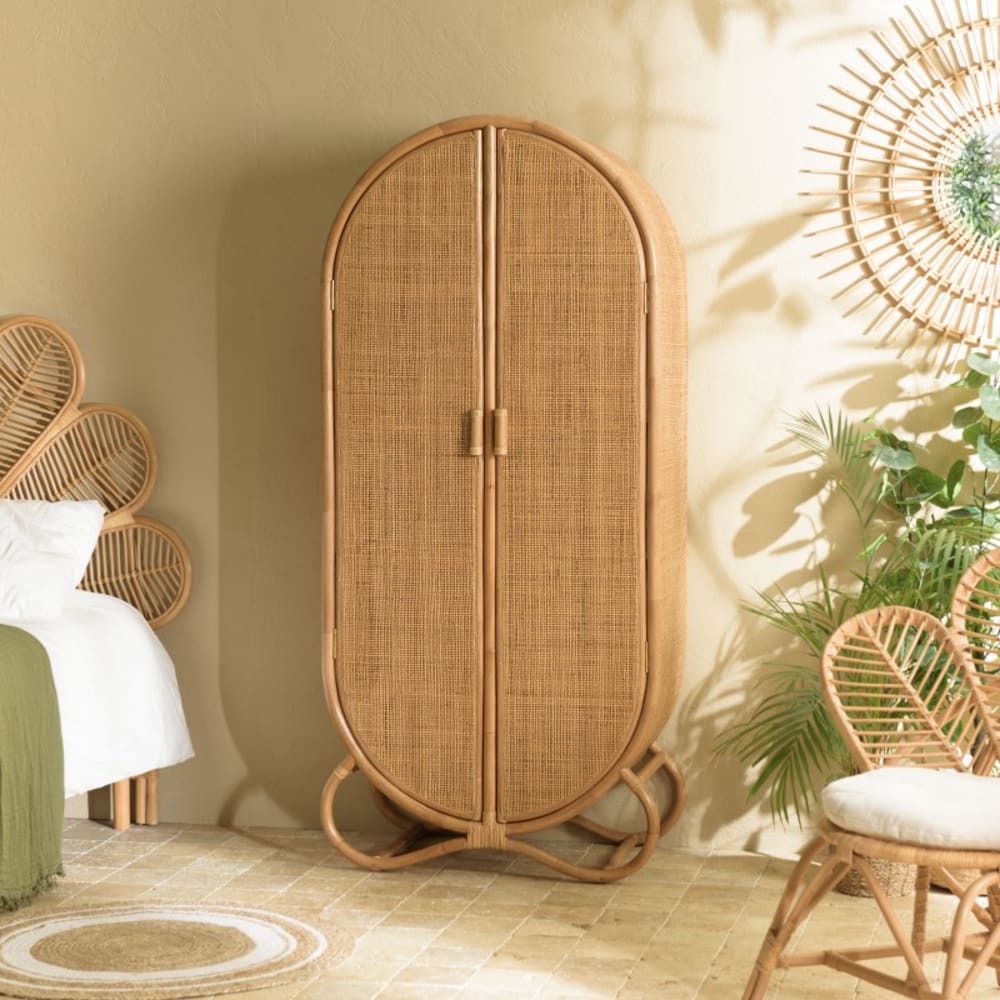 Armoire en rotin 2 portes en cannage couleur brun miel