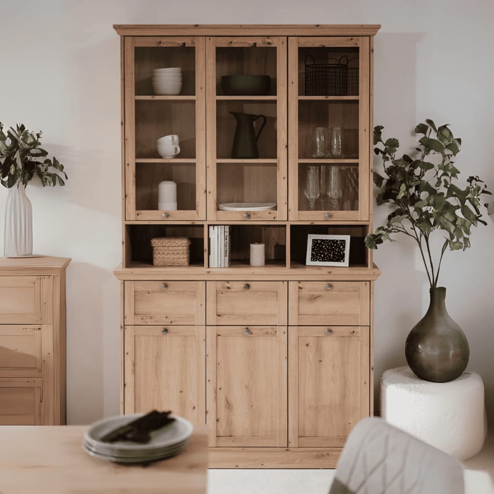 Buffet vitrine 6 portes l120 cm - effet chêne