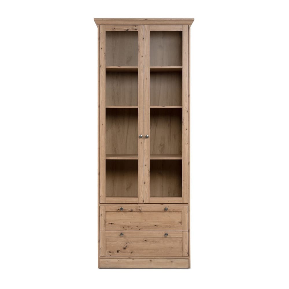 Vitrine avec 2 portes vitrées et 2 tiroirs L80 cm - Effet Chêne