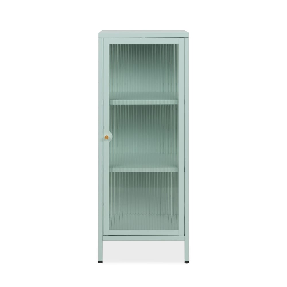 Petite vitrine 1 porte 40x40x101,5 cm en verre et métal vert menthe