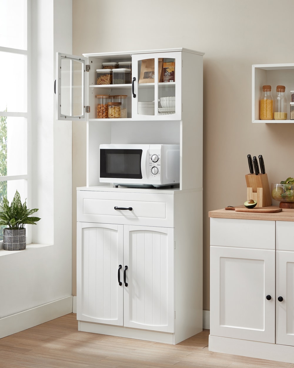 Haut placard avec portes en verre et étagères réglables blanc