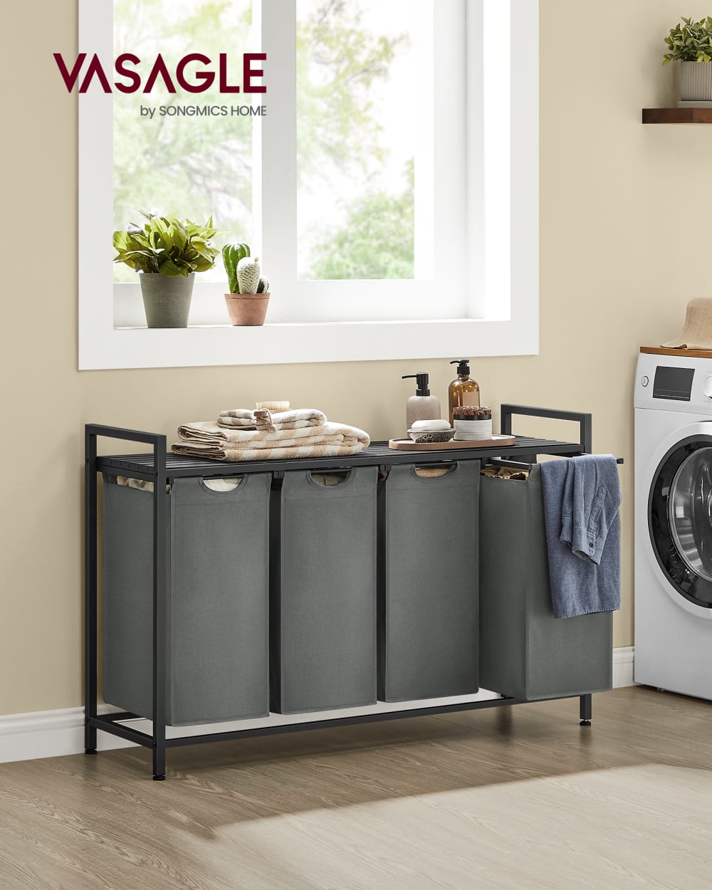 Panier à linge 4 compartiments 160 l 115.6 x 33 x 72.5 cm gris et noir - Maisons du Monde