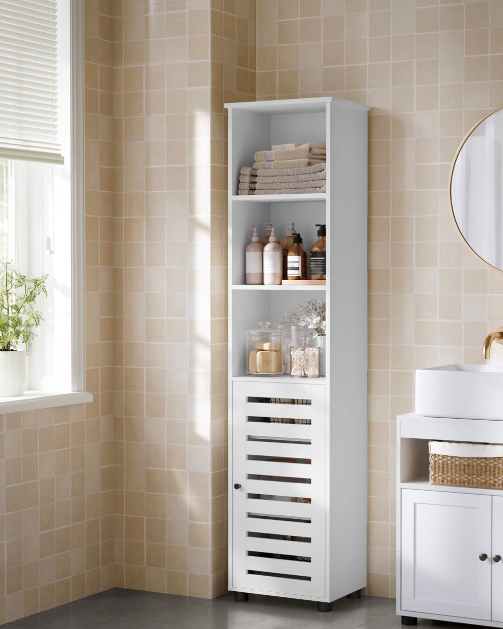 Meuble de salle de bain placard haut avec 1 porte persienne blanc - Maisons du Monde