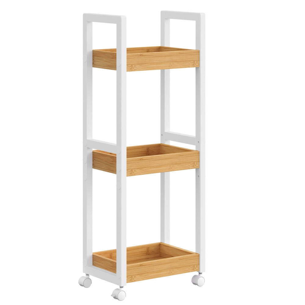 Chariot de rangement à 3 niveaux sur roulettes blanc et couleur boisée — Beyit