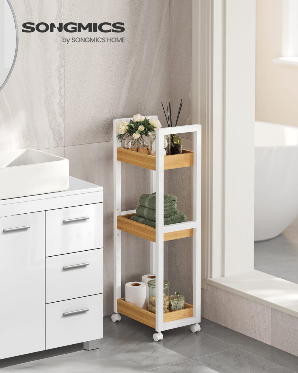 SONGMICS Chariot de salle de bain chariot de rangement 20 x 30 x 80 cm blanc style contemporain Multicolore Bambou - 30x80x20cm