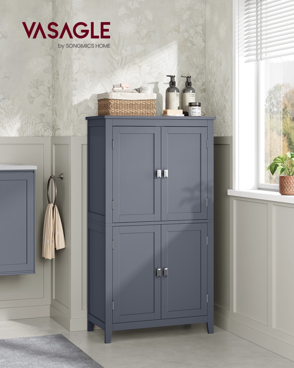 VASAGLE Meuble de salle de bain avec 4 portes réglables 30 x 60 x 110 cm gris style classique chic Gris Panneau De Particules - 60x110x30cm