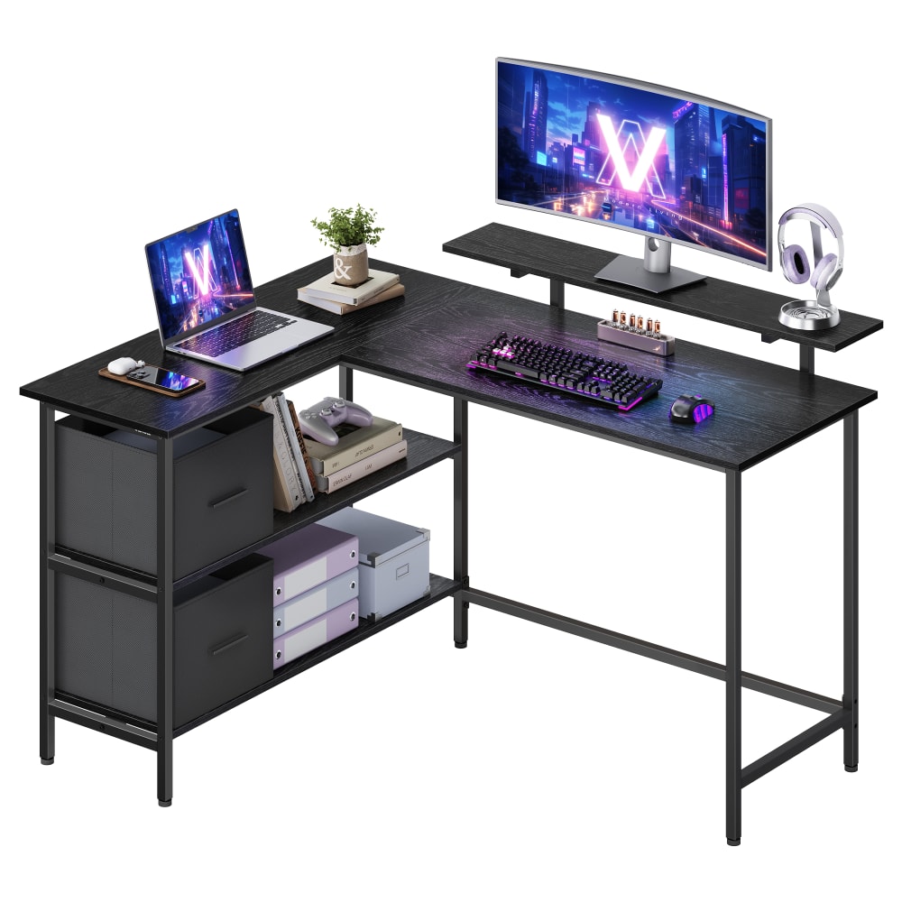 VASAGLE Bureau en l d'angle rehausseur d'écran 2 tiroirs boisé noir style contemporain Noir Panneau De Particules - 135x76x105cm
