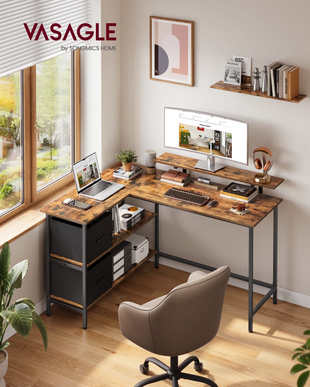 VASAGLE Bureau en l d'angle avec rehausseur d'écran 2 tiroirs marron et noir style contemporain Marron Panneau De Particules - 135x76x105cm