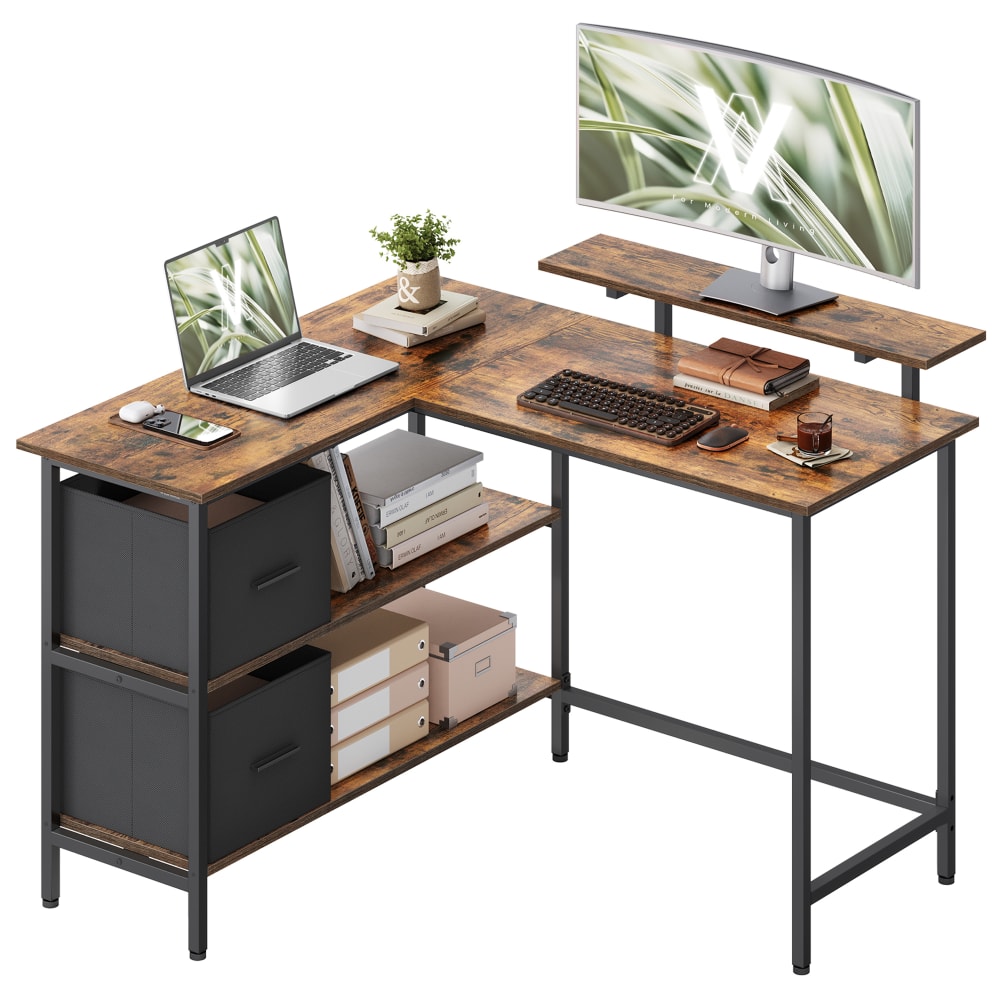 VASAGLE Bureau en l de avec tiroirs réversibles d'angle 115 cm marron et noir style contemporain Marron Panneau De Particules - 115x90x105cm