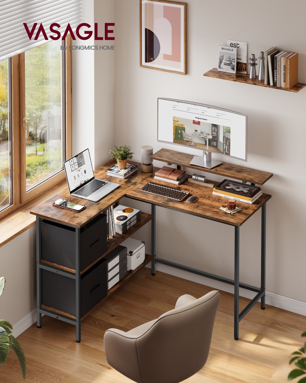 Bureau en l de avec tiroirs réversibles d'angle 115 cm marron et noir - Maisons du Monde