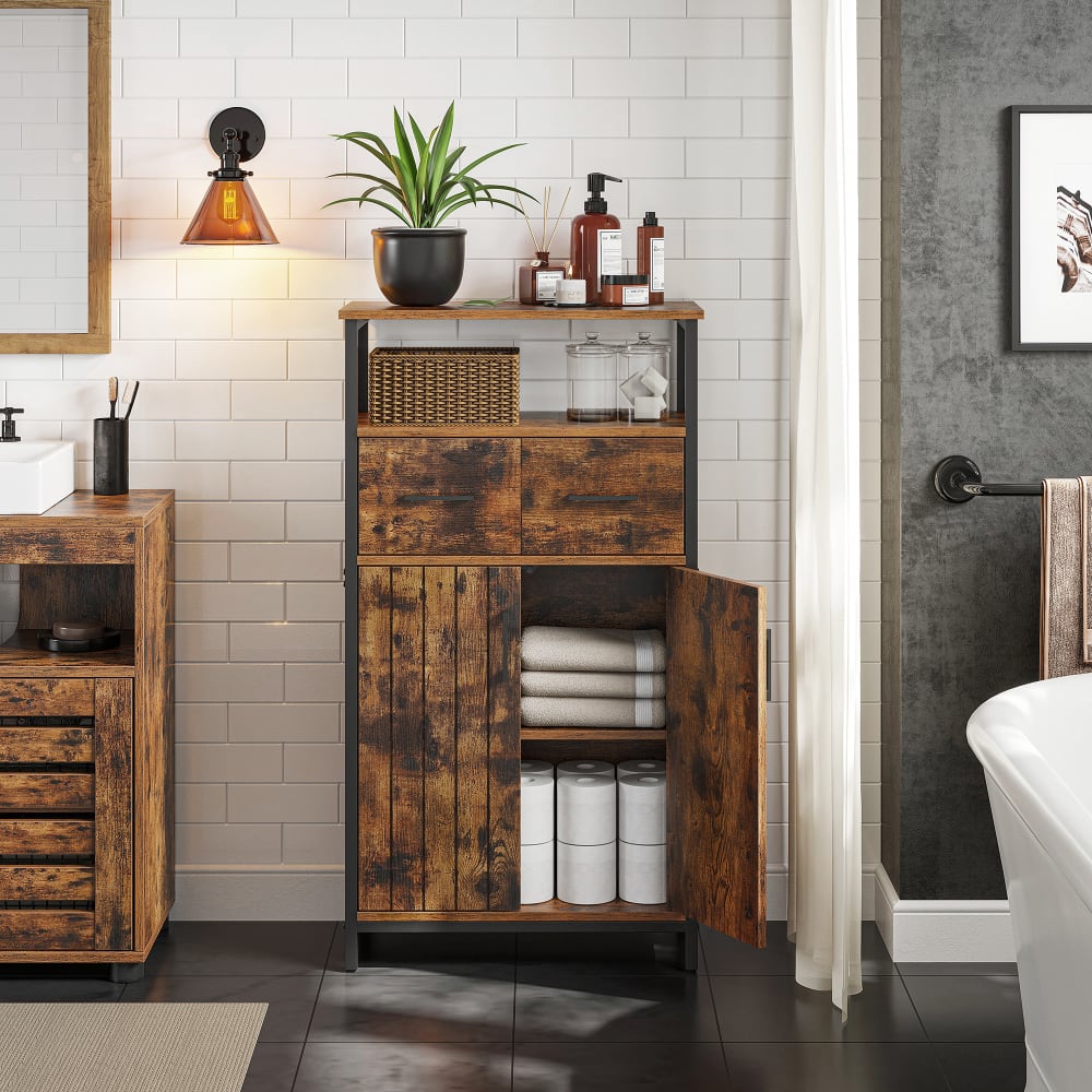 Buffet 1 placard 2 tiroirs effet bois acier marron rustique