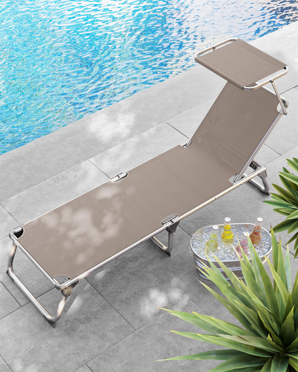 Bain de soleil 193 x 55 x 31 cm avec pare-soleil et dossier taupe