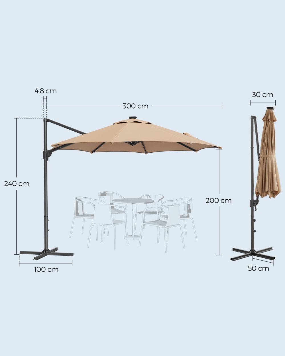 Parasol de jardin 300 cm 28 LED solaires pivotant à 360° marron