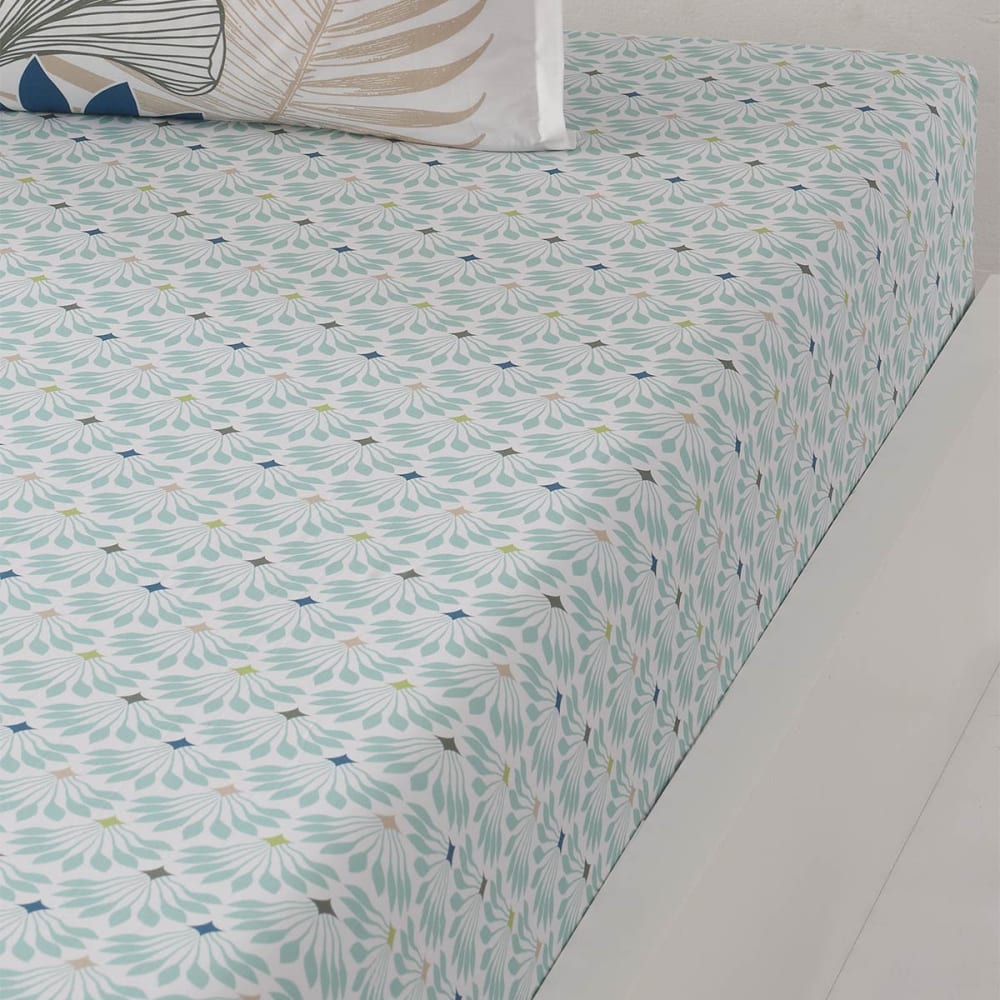 Drap housse percale bonnet 30 cm blanc cassé à motifs bleus 160x200 cm