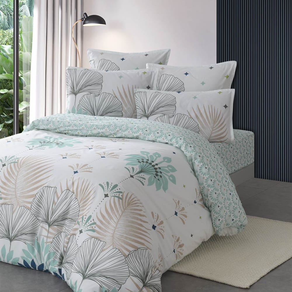 Housse de couette en percale blanc cassé à motifs bleus 240x220 cm