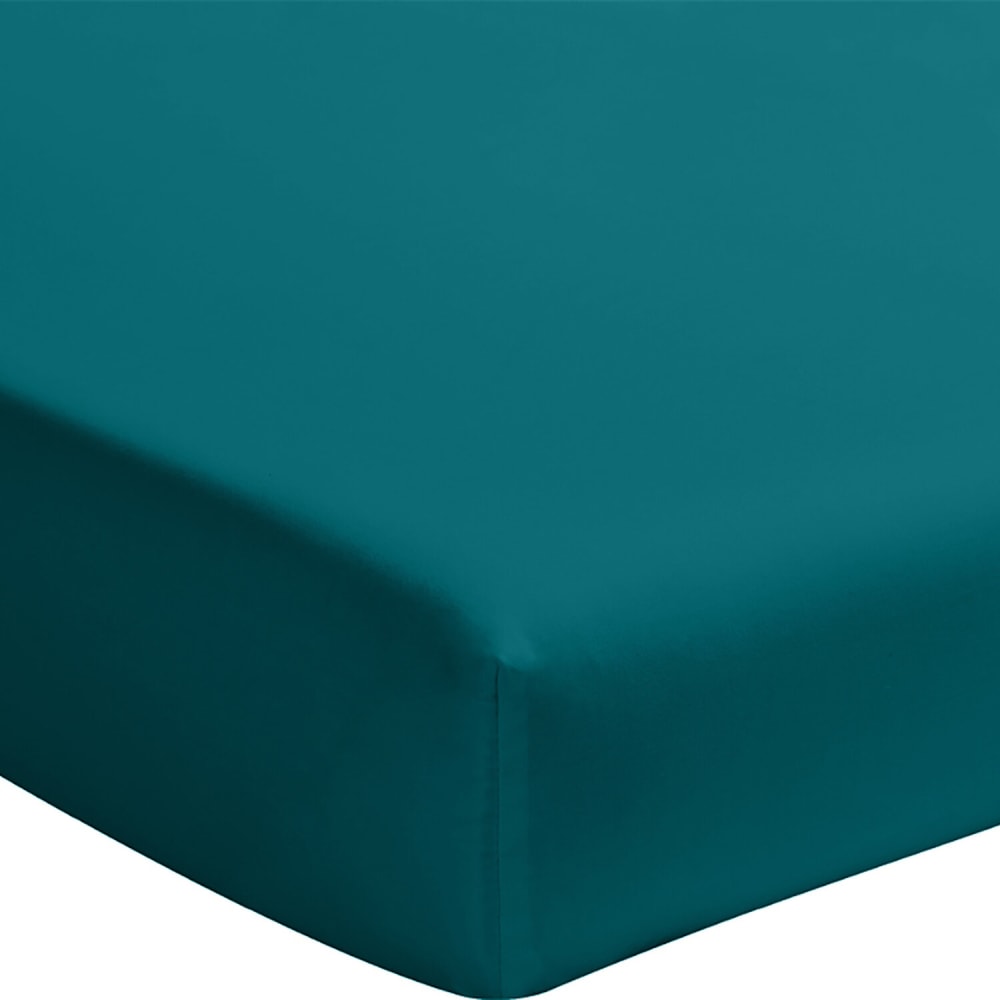 Drap housse percale de coton bleu canard 140x190 cm