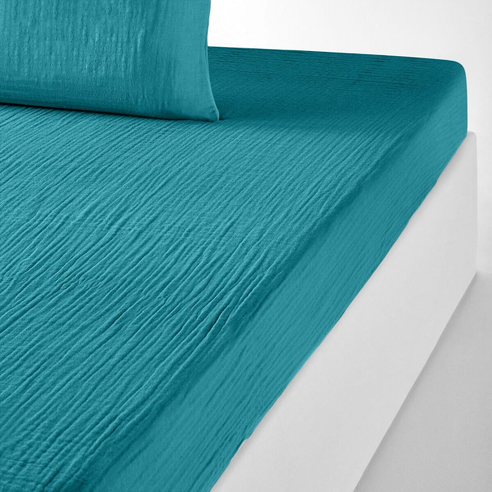 Drap housse gaze de coton bleu enamel 160x200 cm — vue 3