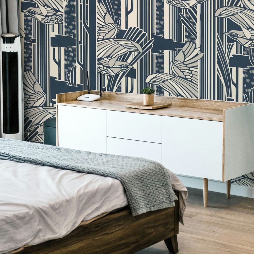 Acte Deco Panorama-Vliestapete mit Vogelmuster, Blau 150 x 250cm style modern Blau Öko-Tex Zertifikat Papier