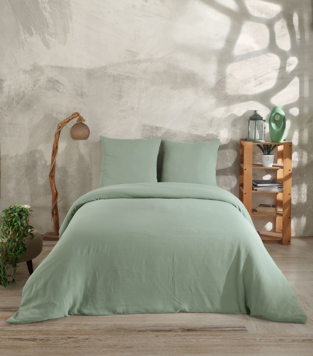 Parure de lit 2 personnes 200x200 cm gaze de coton céladon
