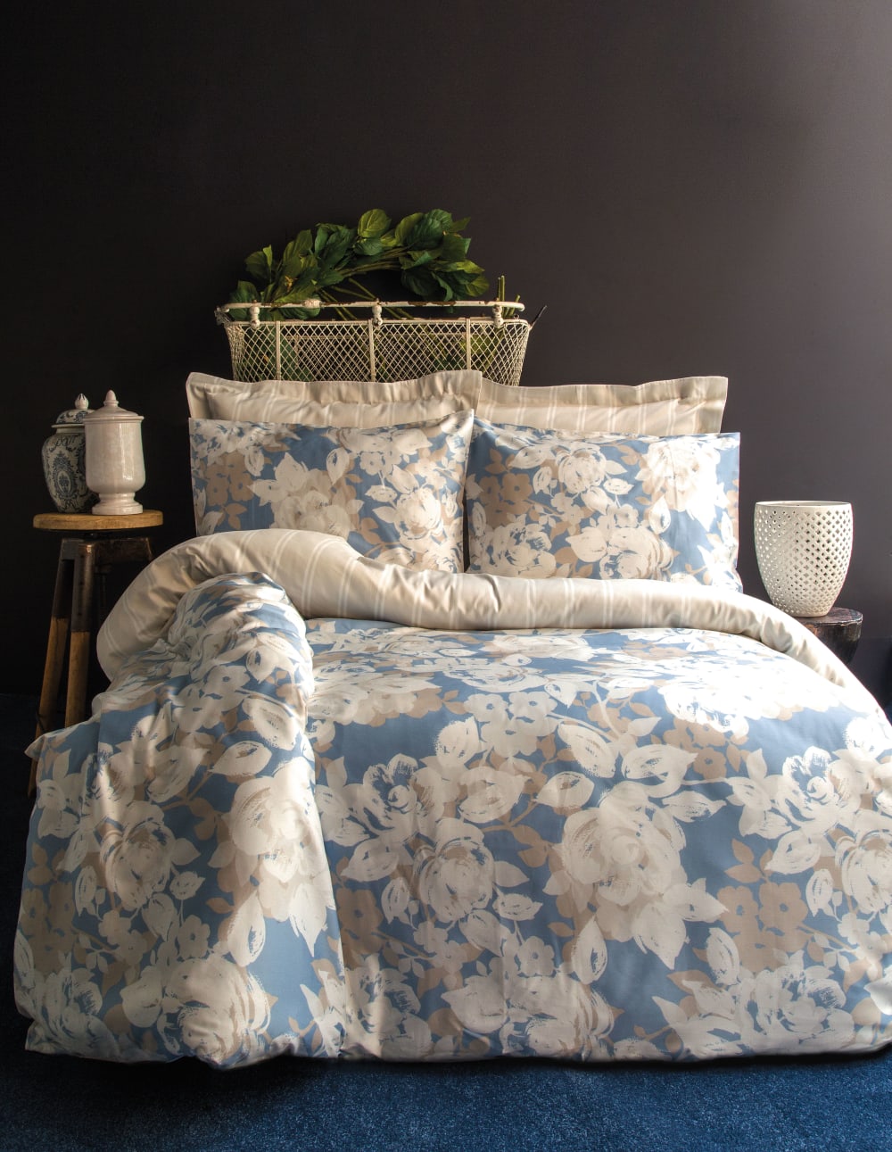Blanc Avenue Bettwäschegarnitur 240x220 cm+2 Kopfkissenbez 63x63 cm-Baumwollsatin style classic chic Blau Öko-Tex Zertifikat Baumwolle