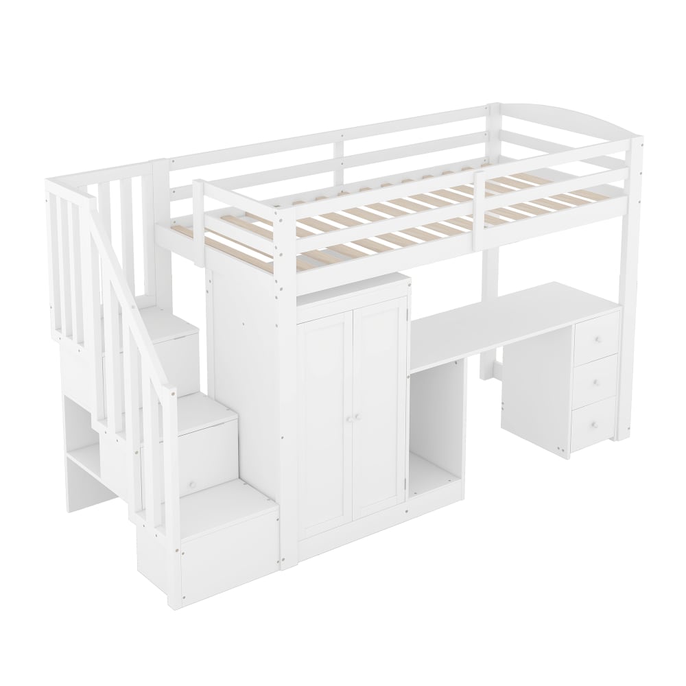 Flieks Hochbett mit Kleiderschrank und Treppe, Schreibtisch, 90x200cm, weiß style modern Holz Baby