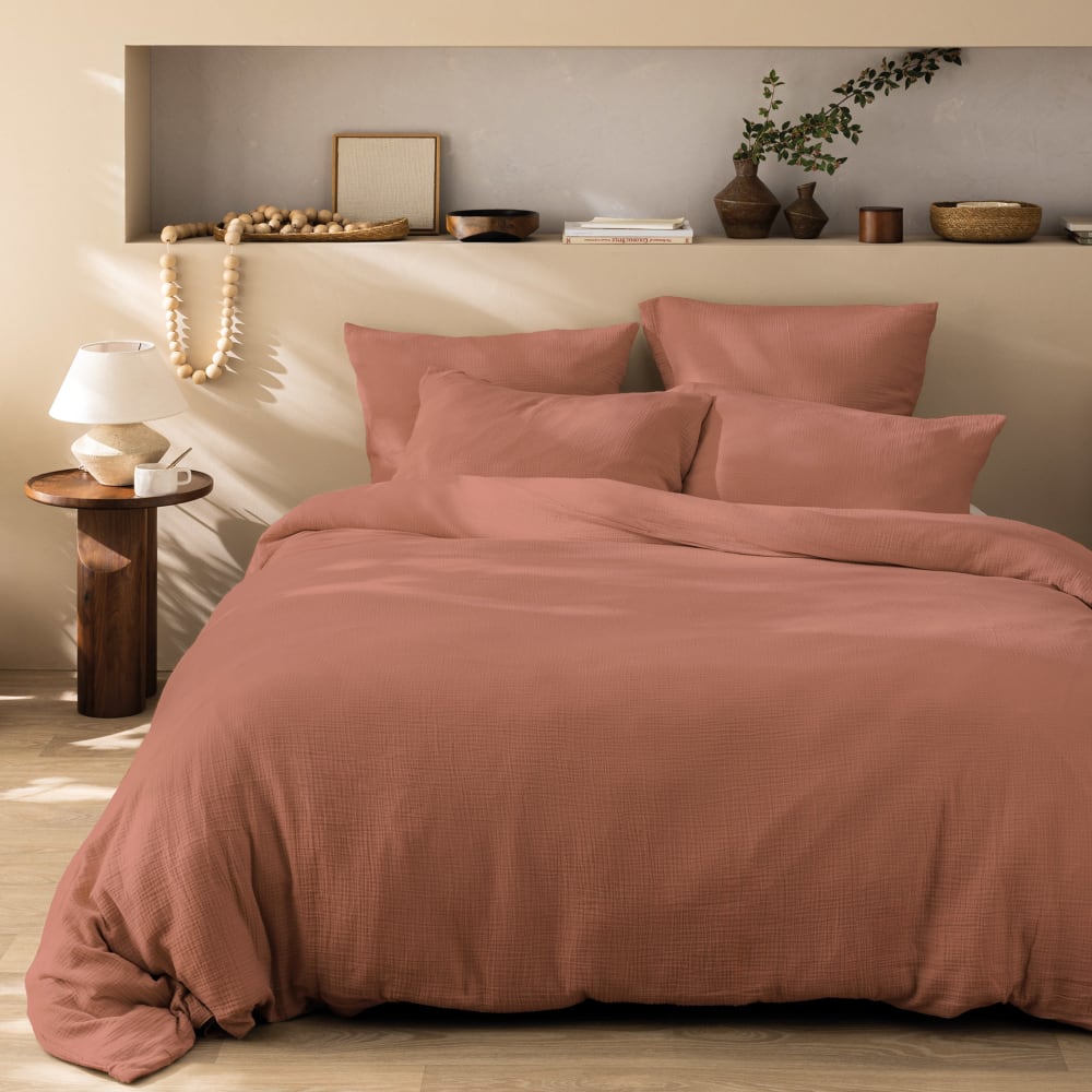 Parure de lit unie en coton Terre cuite 260x240+2x65x65cm